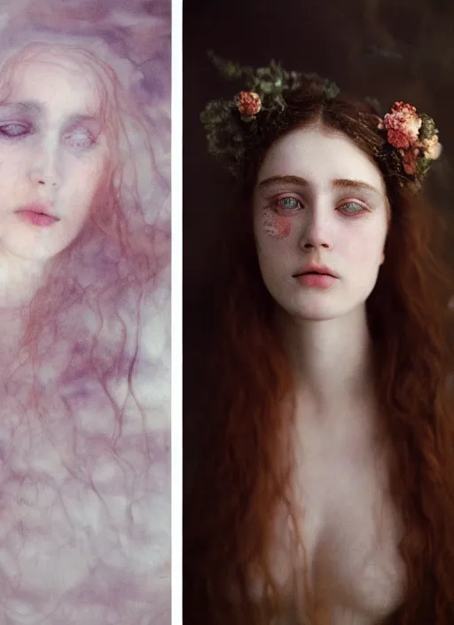 Image similar to Kodak Portra 400, 8K, soft light, volumetric lighting, highly detailed, britt marling style 3/4 , portrait photography of a beautiful woman how pre-Raphaelites by Giovanni Gastel with her eyes closed,inspired by Ophelia Millais Paint , the face emerges from water of Pamukkale, underwater face, the hair are intricate with highly detailed realistic beautiful brunches and flowers like crown, anatomical real full body dressed ethereal lace dress floating in water surface , Realistic, Refined, Highly Detailed, outdoor soft pastel lighting colors scheme, outdoor fine art photography, Hyper realistic, photo realistic