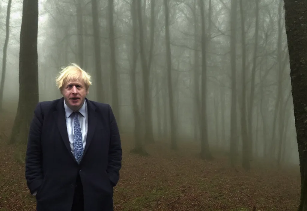 Image similar to low quality iphone photo of boris johnson standing ominously deep in the foggy woods with a demonic smile in his face, low visibility creepy, grainy, trail cam footage