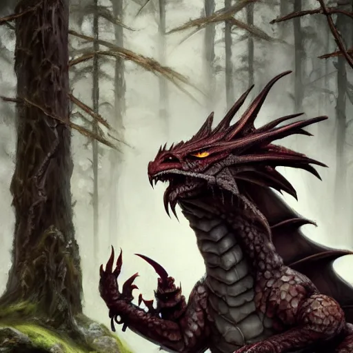 Prompt: oil painting of dragon in cold forest, dnd character, fantasy, magic, realistic textured skin, big lizard head, eagle feather, glowing eyes, clear clean, artgem, boris valejo, goro fujita, frank frazetta, heavy metal style, trending on artstation, digital painting, julie bell, beautiful, very detailed, pixar