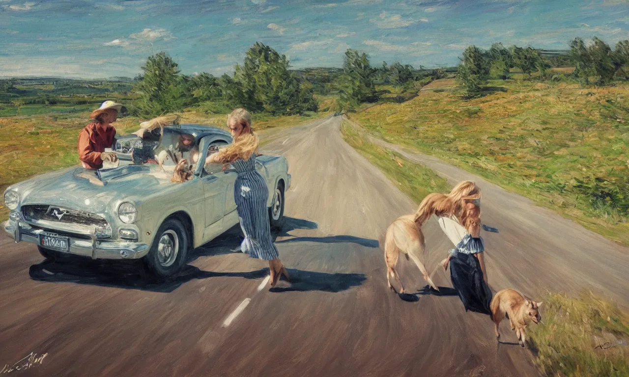 Image similar to 1950 blonde driving a Ford mustang on a country road, Swedish countryside, freedom, dawn, impressionism, realistic, painting, trending on artstation, beautiful, masterpiece