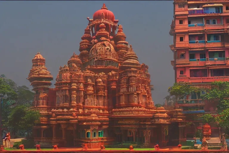 Image similar to hyperrealistic dreamscape! mumbai with biomorphic hanuman!! head building, kalighat, octane highly detailed, cinematic smooth, stephen shore & john j. park, soft morning light, wide shot, high angle, uhd 8 k, deep focus