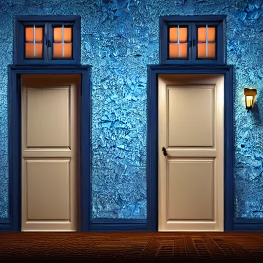 Image similar to dark nostalgic empty house at night with stairs in the middle and doors on either side, one door is closed and the door on the right is open to a blue bathroom, tan carpet