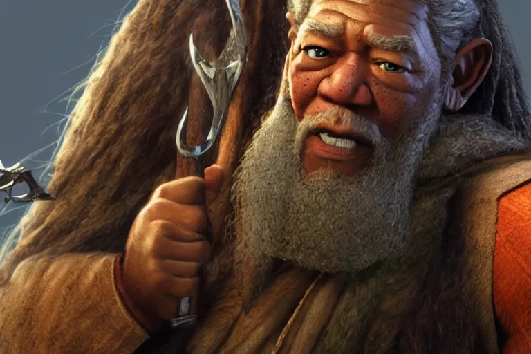 Image similar to morgan freeman starring as gimli in lord of the rings, full body, still from a pixar movie, high quality 3 d render, movie, pixar, renderman, 4 k, artstation