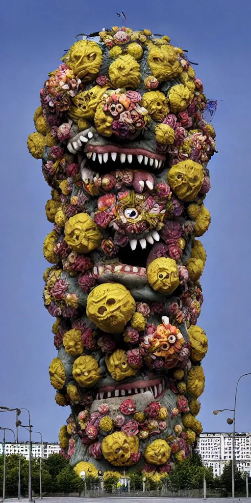 Image similar to colossal grotesque Beelzebub flower made from angry smiles in the middle of post soviet constructivist cityscape, Stalinist architecture, brutalist architecture, ultradetailed, Intricate by Hayao Miyazaki and Josan Gonzalez and Makoto Shinkai and Giuseppe Arcimboldo and MC Esher and Wes Anderson