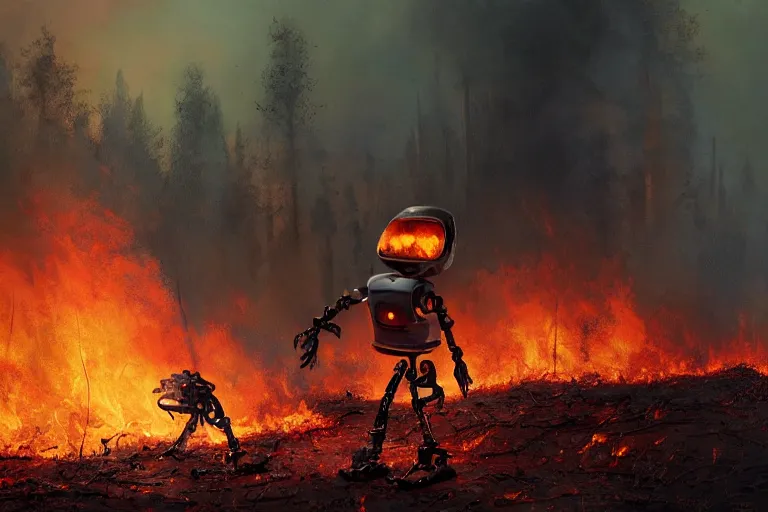 Image similar to a small scrawny robot taking some metal objects off the ground in a burning forest fire, by alejandro burdisio, trending on cgsociety, unreal engine