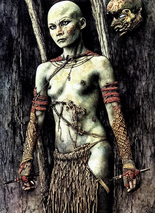 Prompt: bald barbarian girl in tribal painting by Beksinski and Arthur Rackham