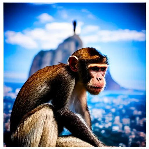 Image similar to high quality portrait of a monkey in front of Christ The Redeemer, studio photograph, photograph, realistic photo, 8k photo, 4k photo, stock photo, high resolution, cinematic shot, high detail