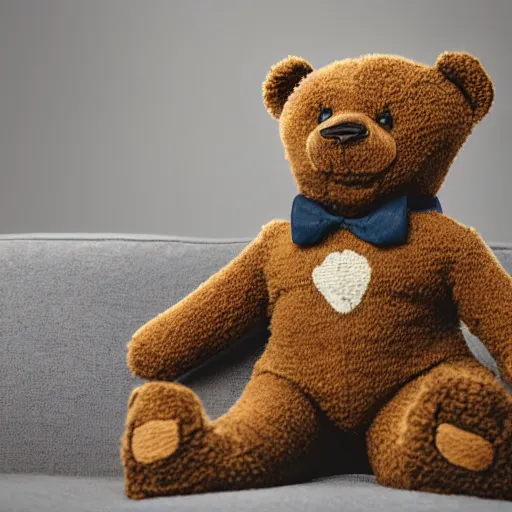 Prompt: a teddy bear with a creepy!! smile wearing a sweater vest sitting on a couch, 4 k photo
