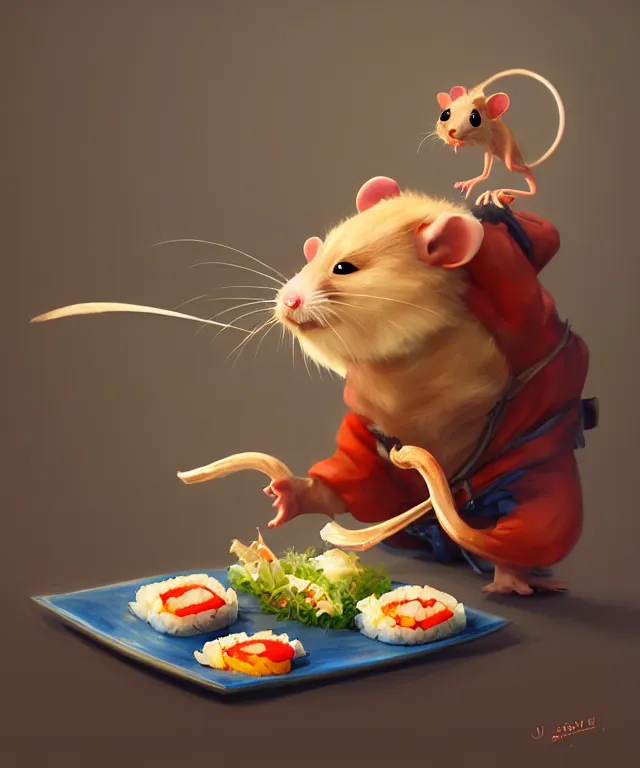 Prompt: an anthropomorphic rat ninja eating sushi, in the style of pixar, adorable and whimsical, fantasy, elegant, digital painting, artstation, unreal engine, octane render, concept art, matte, sharp focus, vibrant colors, high contrast, illustration, art by justin gerard