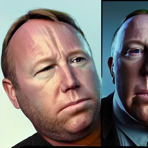 Image similar to hyperrealistic mixed media image of info wars alex jones with ( bullfrog face ), stunning 3 d render inspired art by xiang duan and thomas eakes and greg rutkowski, perfect facial symmetry, hyper realistic attributes and atmosphere, dim volumetric cinematic lighting, 8 k octane render, post - processing, masterpiece,