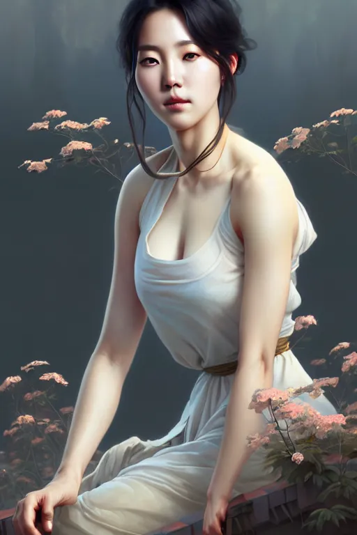 Image similar to beautiful digital painting of lee jin - eun gray background with high detail, 8 k, stunning detail, photo by artgerm, greg rutkowski and alphonse mucha, unreal engine 5, 4 k uhd