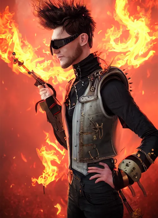 Image similar to An epic fantasy comic book style portrait painting of young man with red spiked long hair, using an steampunk googles. Wearing a black waistcoat, white shirt. Fire on his hands. Unreal 5, DAZ, hyperrealistic, octane render, cosplay, RPG portrait, dynamic lighting