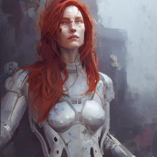 Prompt: a rustic woman wearing futuristic exoskeleton, detailed face, redhead, by greg rutkowski, mandy jurgens