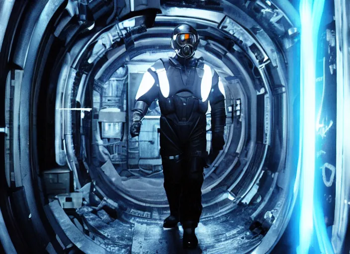 Image similar to film still of Brian Cranston as Gordan Freeman in an underground lab facility wearing a black HEV suit with an orange lambda logo in front with a glowing blue portal in the background in the Half Life Movie, 4k