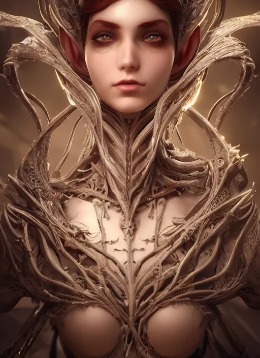 Image similar to beautiful biomechanical impish elven incredible hair, masterpiece crystalline incrustations, hyperdetailed face, elegant pose, movie still, intricate, octane render, cinematic lighting, cgsociety, unreal engine,