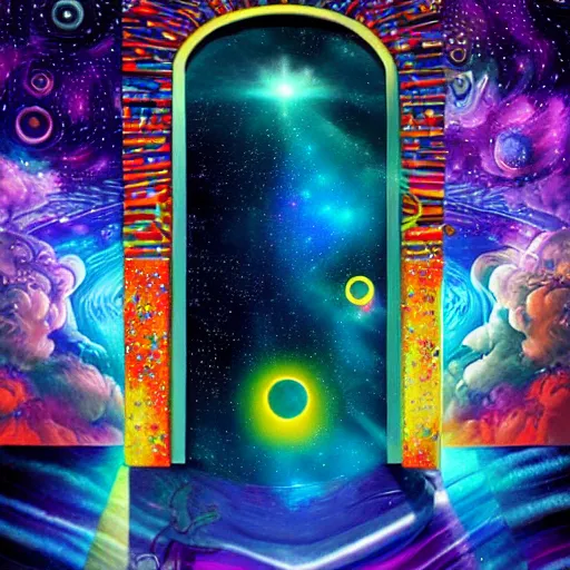 Prompt: psychedelic astronaut opening door that shows us space time and the universe, highly detailed and epic composition.