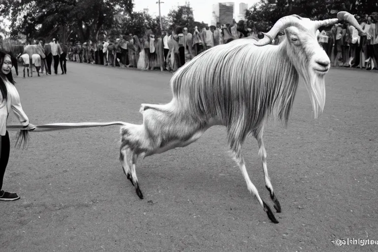 Prompt: The kilometer long, stringy goat, Guinness Book of World Records holder, photograph