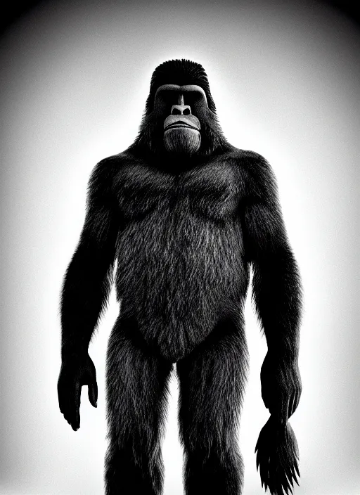 Prompt: bigfoot black and white portrait white sky in background