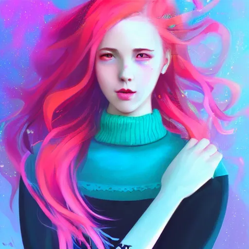 Image similar to colorful and festive captivating teenager girl with pink hair, cyan top crop, black skirt, black leggings, cute look. rich vivid colors, ambient lighting, dynamic lighting, 4 k, atmospheric lighting, painted, intricate, highly detailed by charlie bowater