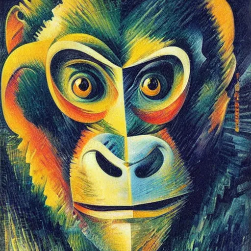 Image similar to cubo - futurism art portrait of an ape monkey by umberto boccioni, futuristic very abstract style painting, futurism art movement