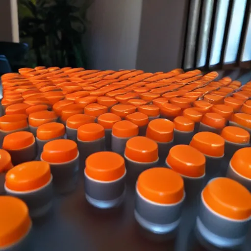 Prompt: 1 0 0 0's of orange colored lipbalm in giant piles on table, shaded, backlit