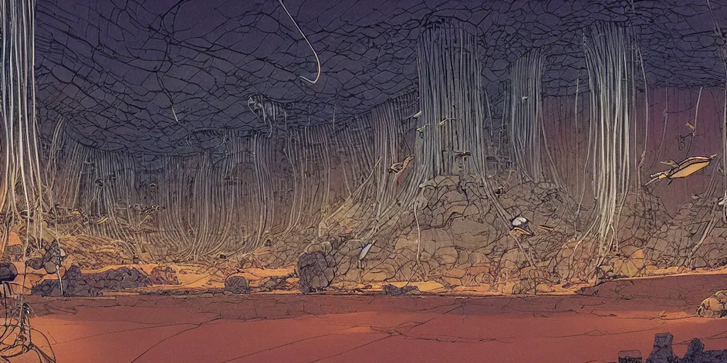 Image similar to vast natural cave with bizarre creatures in huge experimental tanks , cables hanging from ceiling, thick cables on ground, ground perspective, computer screens, neons, top light , epic scene, 8k, illustration, art by ghibli moebius, comics art