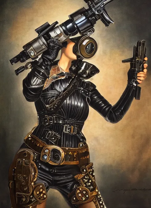 Image similar to a woman in leather armor holding a raygun blaster, vintage Raypunk painting, life like, intricate detail, 4K HD