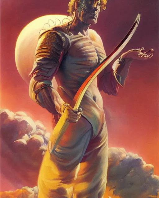 Prompt: a painting of a man holding a sword, poster art by boris vallejo and by juan gimenez and by david schleinkoferand by karel tholeand by david a. hardy, artstation, fantasy art, movie poster, poster art, reimagined by industrial light and magic