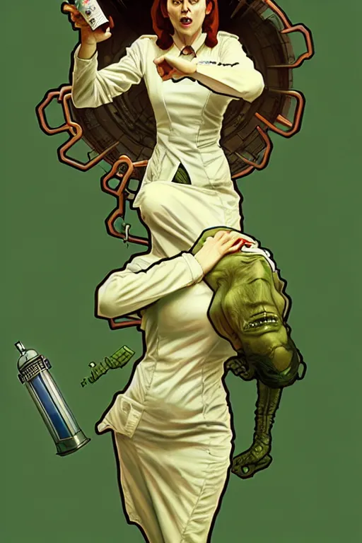 Image similar to doctor who, woman, as a mad dentist, on a plain green background, art by artgerm and greg rutkowski and alphonse mucha