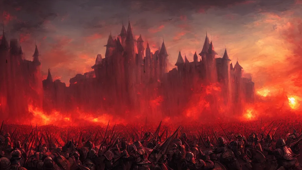 Prompt: madness of the medieval battlefield. castles. bloom, lighting, red sunset. fantasy, digital painting, hd, detailed.