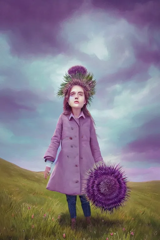 Image similar to portrait, enormous thistle flower head, a girl wearing coat in field, surreal photography, wind and cold, dramatic sky, impressionist painting, digital painting, artstation, simon stalenhag