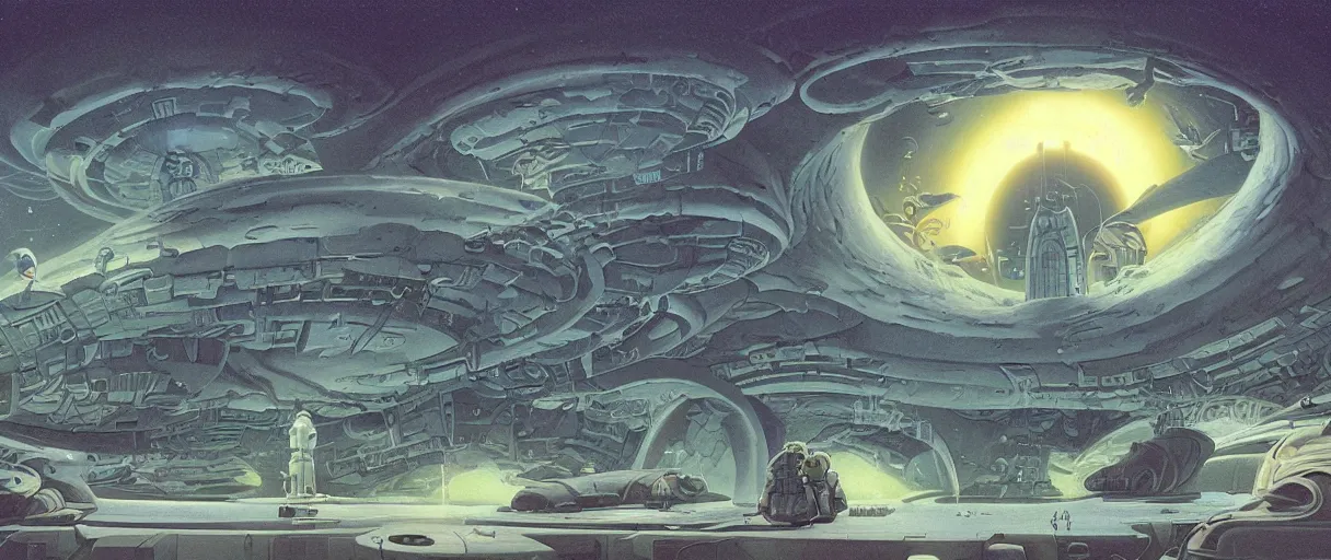 Prompt: a utopian city resting on the tongue of yog-soggoth as he slumbers curled around a wormhole in outer space by Ralph McQuarrie