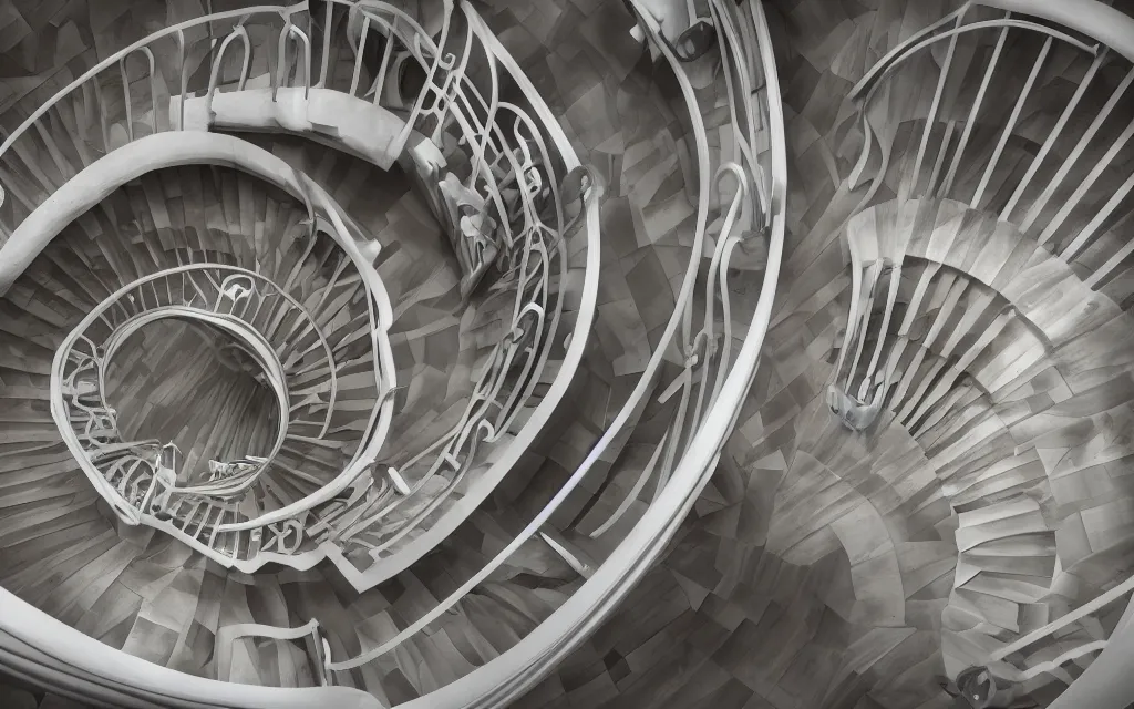 Image similar to 3d rendering of modern perfect spiral stairs, looking directly down, hd, hdr, cinematic 8k, ultra detailed, high resolution