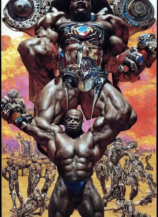 Prompt: portrait of ronnie coleman as cyborg super villain sitting on throne, by lawrence alma tadema and rick berry and norman rockwell and greg staples and jack kirby