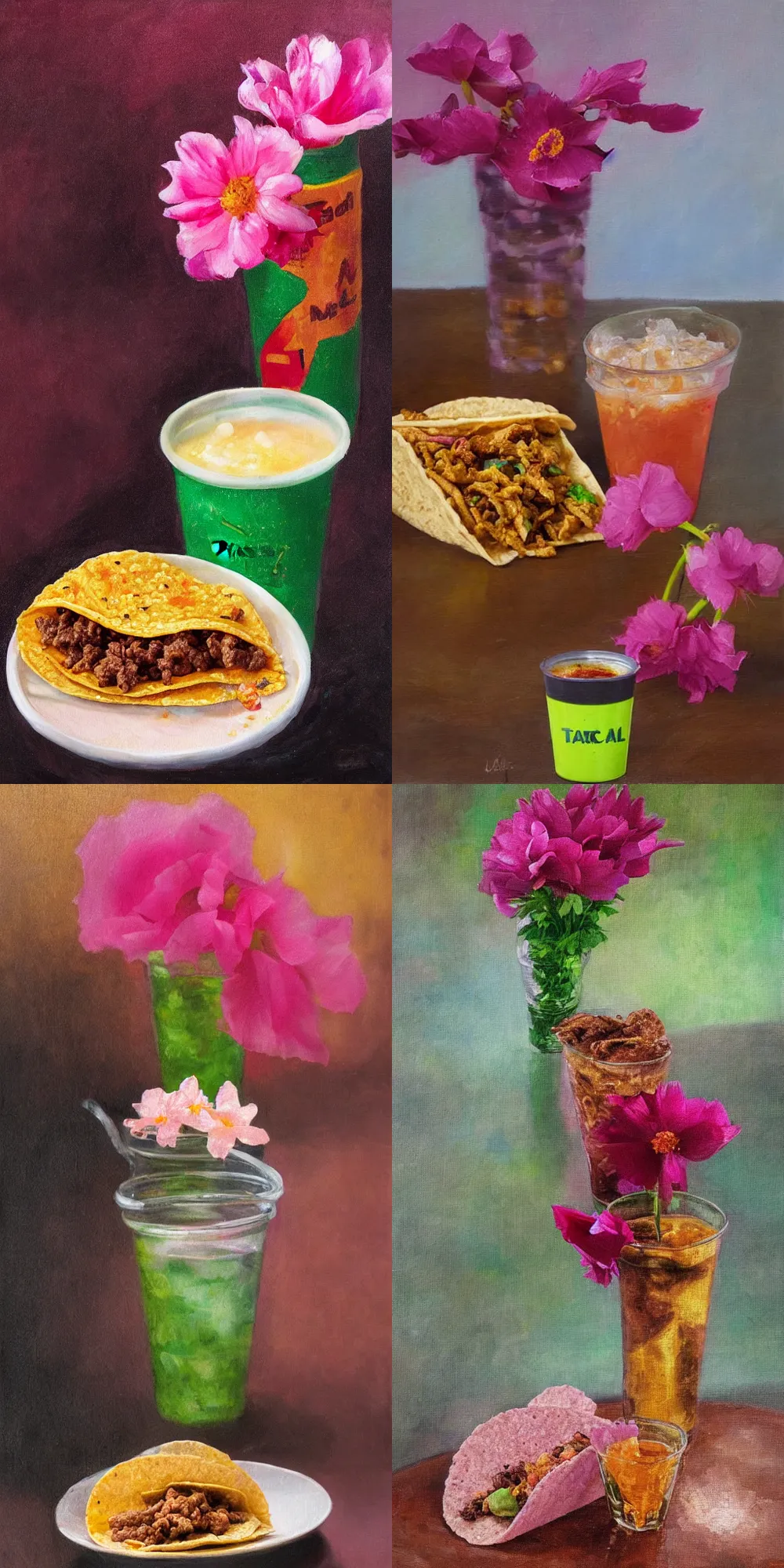 Prompt: taco bell meal with mountain dew in a clear cup next to a single pink flower in front of brown background, oil painting, impressionism