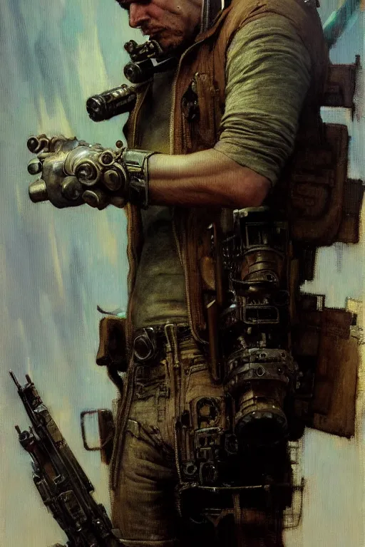 Image similar to portrait max mad cyberpunk, machinist tech rifle gun design, painting by gaston bussiere, katsuya terada, nc wyeth, greg rutkowski, craig mullins, vermeer, frank frazetta, mucha, tom of finland, trending on artstation, jeffery catherine jones