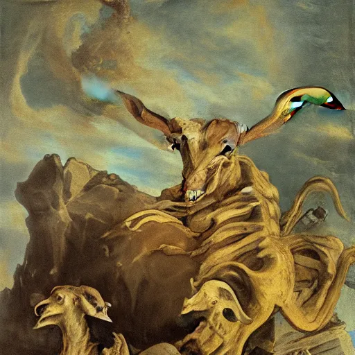 Prompt: the eternal wise goat, fantasy, h.p. Lovecraft, highly detailed, Francisco de Goya, dystopia HD, 8k,