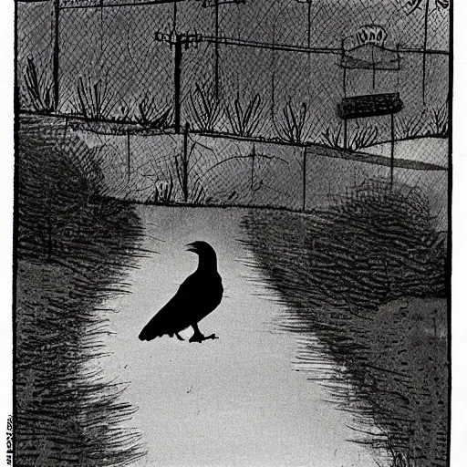Image similar to 'it just keepings going on and keeps fading away, my thoughts turn into smoke in the air.', an image of a crow walking home from school through the backyards of neighbors.