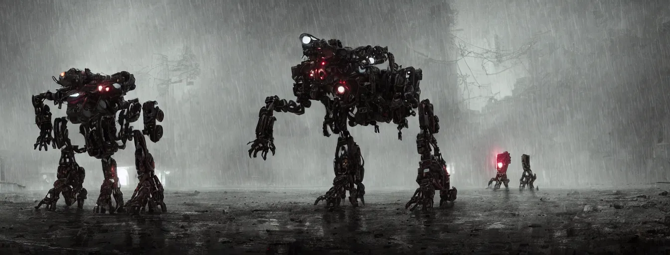 Prompt: snapshot of scene, where terrific and creepy gigantic 8 legs spider mech robot with volumetric lights, running and hunting remaining humans in a heavy rainy post - apocalyptic world, high detail, motion blur, ground fog, saturated colors, by james paick, render unreal engine - h 7 0 4