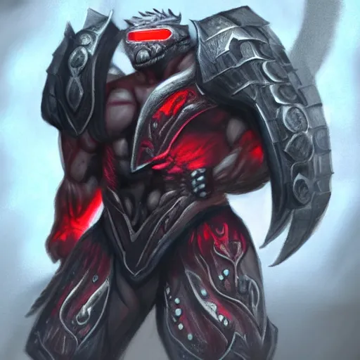 Image similar to a highly detailed character portrait of a muscular man wearing a epic shadow armor with glowing red eyes concept art