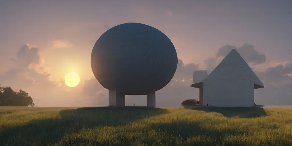 Image similar to a serene landscape with a singular building at sunrise with a big jupiter appearing in the sky, digital art, concept art, octane render, unreal engine 5, hyperrealistic, highly detailed, high quality, 4K, low contrast, soft lighting, path tracing, complementary colors, natural lighting, geometric