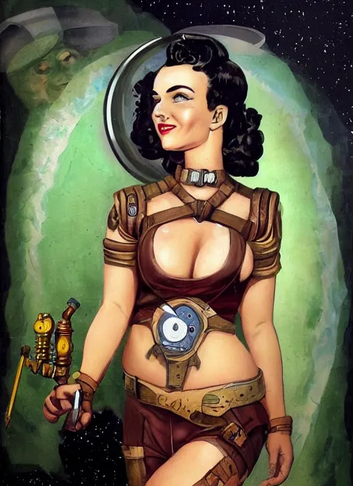 Image similar to fresco secco painting of a d & d style retro sci - fi pilot pinup, beautiful face and wearing full detailed clothing