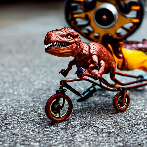 Prompt: a macrophoto of a tiny t - rex on a tricycle, sidewalk, photography, depth of field,