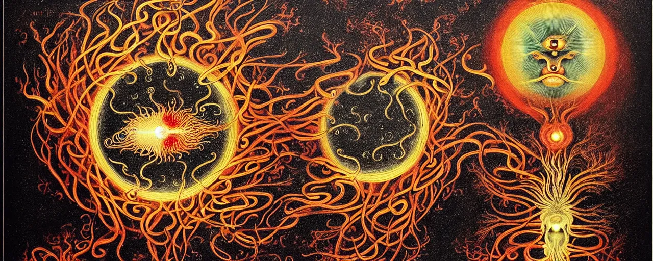 Image similar to a strange fire creature with endearing eyes radiates a unique canto'as above so below'while being ignited by the spirit of haeckel and robert fludd, breakthrough is iminent, glory be to the magic within, in honor of saturn, painted by ronny khalil