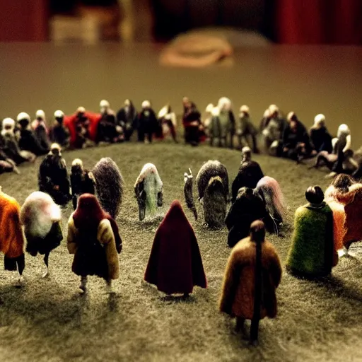 Image similar to needle felt action shot of the council of the ring, lotr, dramatic lighting, creepy, dslr, tilt shift, extremely textured, realistic hyper detailed