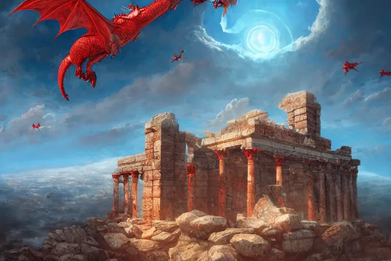 Prompt: highly detailed photorealistic picture of red dragons flying high above an ancient white roman temple perching on top of a mountain rising out of a sea of clouds in a blue sky, seen from above, in the style of marc simonetti, greg rutkowski, artstation, hd, 4 k, award winning digital art