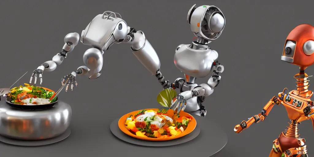 Image similar to robot bender cooking delicious food, 3 d render, highly detailed, artstation