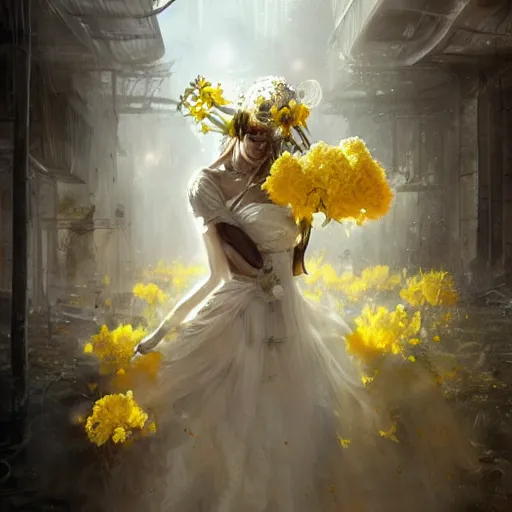 Image similar to a woman in a white dress with yellow flowers on her body, cyberpunk art by bastien lecouffe - deharme, trending on cgsociety, fantasy art, dystopian art, apocalypse art, rococo