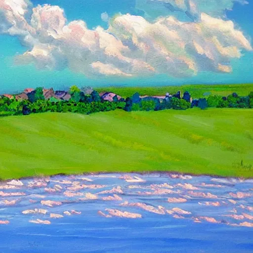 Image similar to This painting shows a beautiful summer's day. The blue sky is adorned with a scattering of fluffy white clouds. The scene is painted against a green background, and the hazy light of the sun has cast a rosy glow over everything.