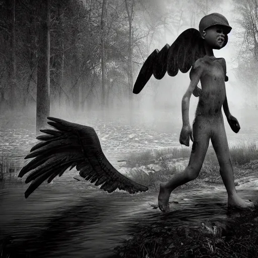 Image similar to a grave digger with remnants of angel wings is chasing a child through a creek in the woods, bad dream, hazy memory, volumetric, hyper realistic, dark black and white in the style of alvin schwartz, epic angles